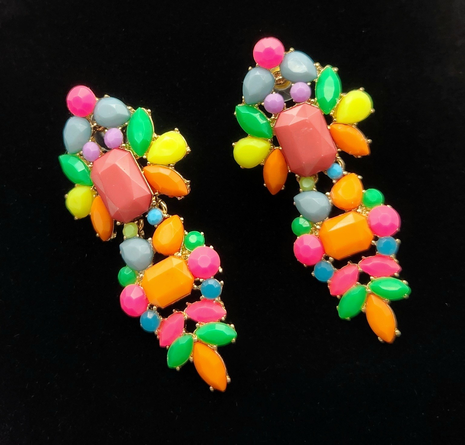Colorful Neon Statement Dangle Earrings Multicolor Resin Gold Tone Boho Festival