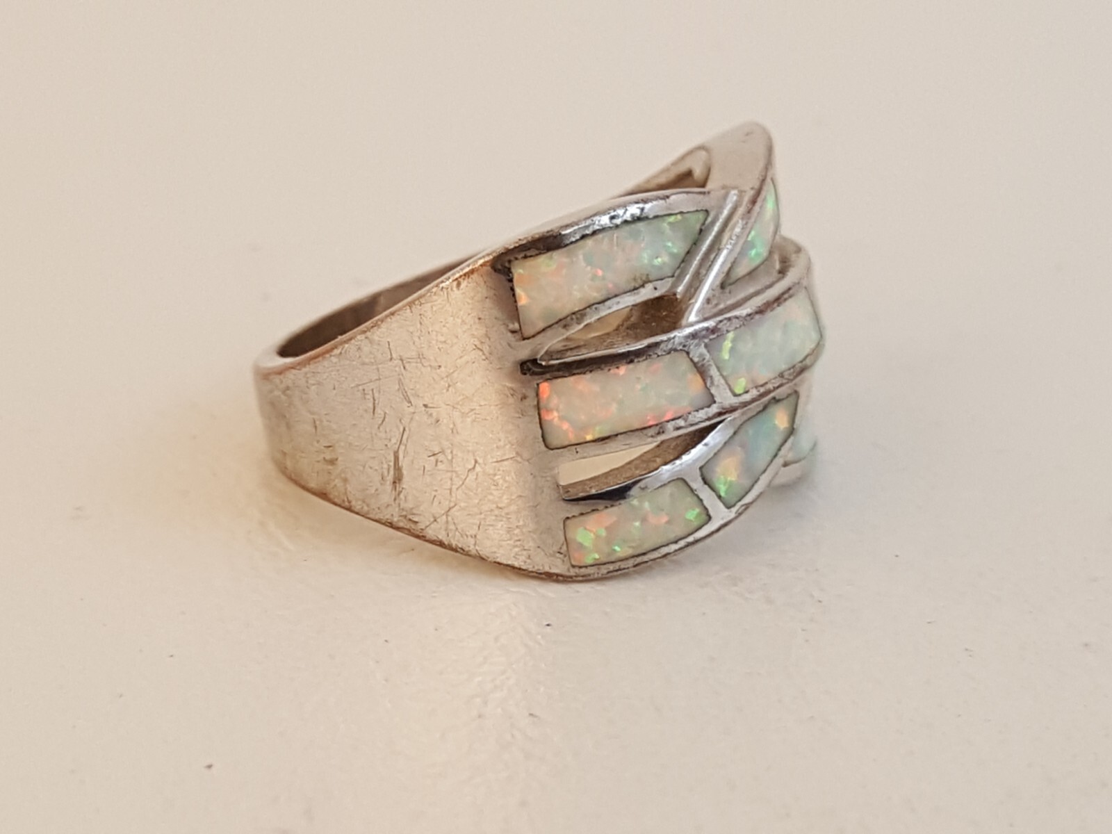 Lab created synthetic opal sterling silver ring sz 8 weave woven
