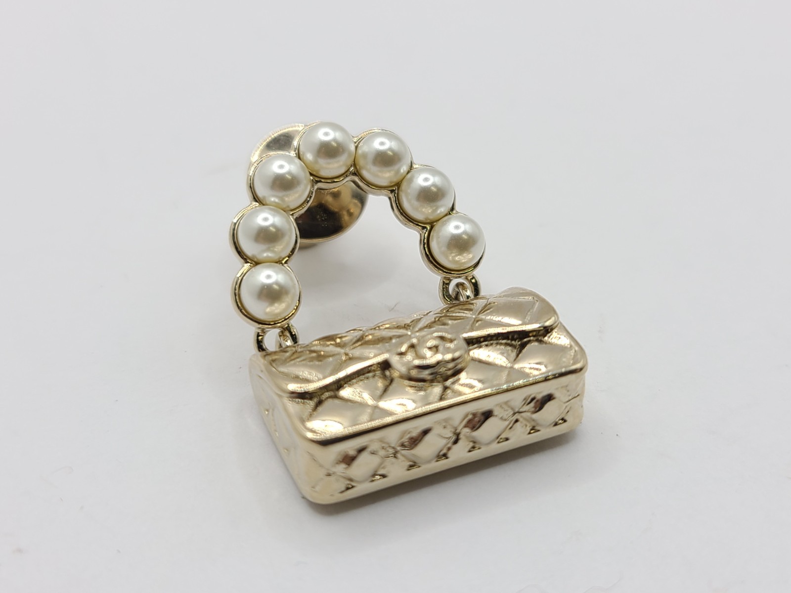 CHANEL Brooch Pin Badge CC Matelasse Bag Motif Faux Pearl