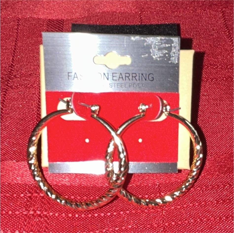 Gold Tone Textured Round Hoop Earrings Metal Latch Back Surgical Steel Post