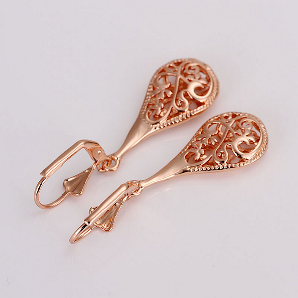 18K Rose Gold Filigree Teardrop Lever Back Drop Dangle Earrings L130