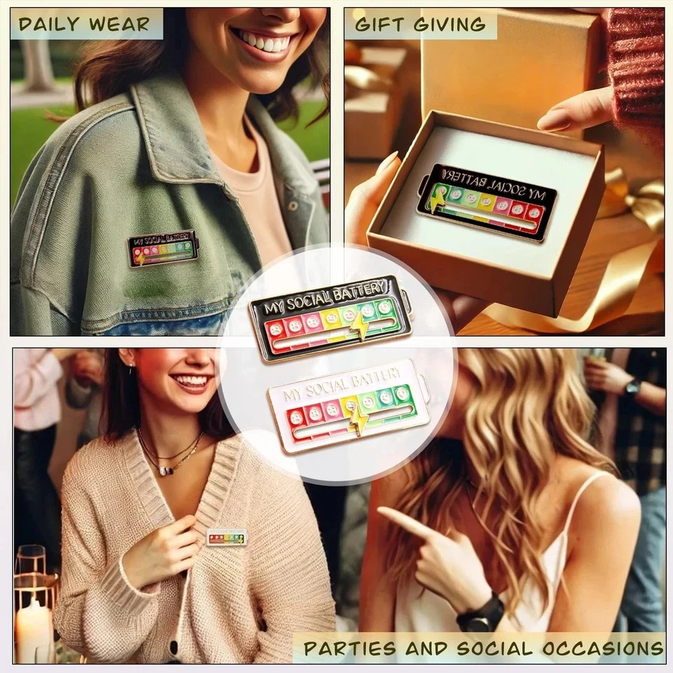 2pcs Funny Social Battery Slider Pin – 7-Mood Expression Badge, Interactive Pin