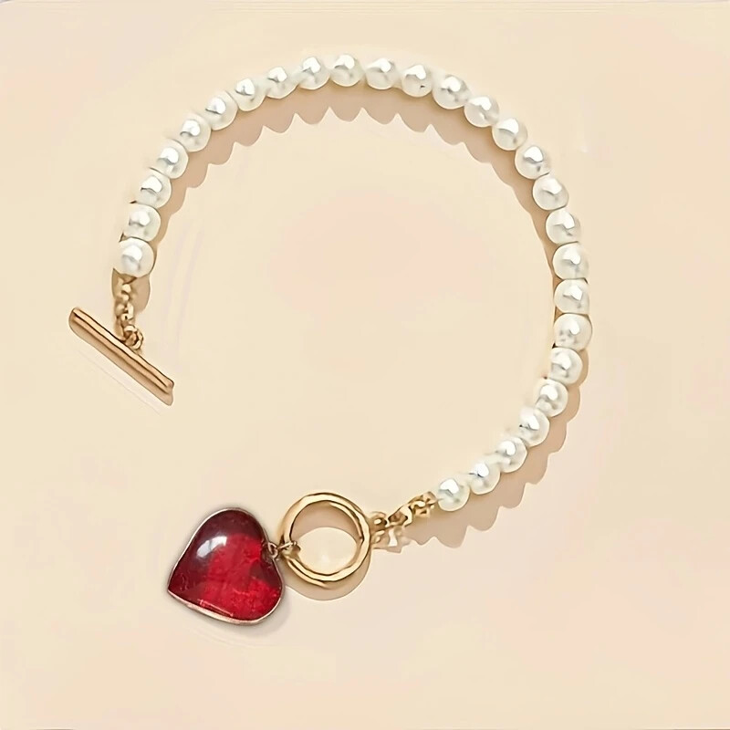 Red Heart Pendant Faux Pearl Necklace and Bracelet Jewelry Set