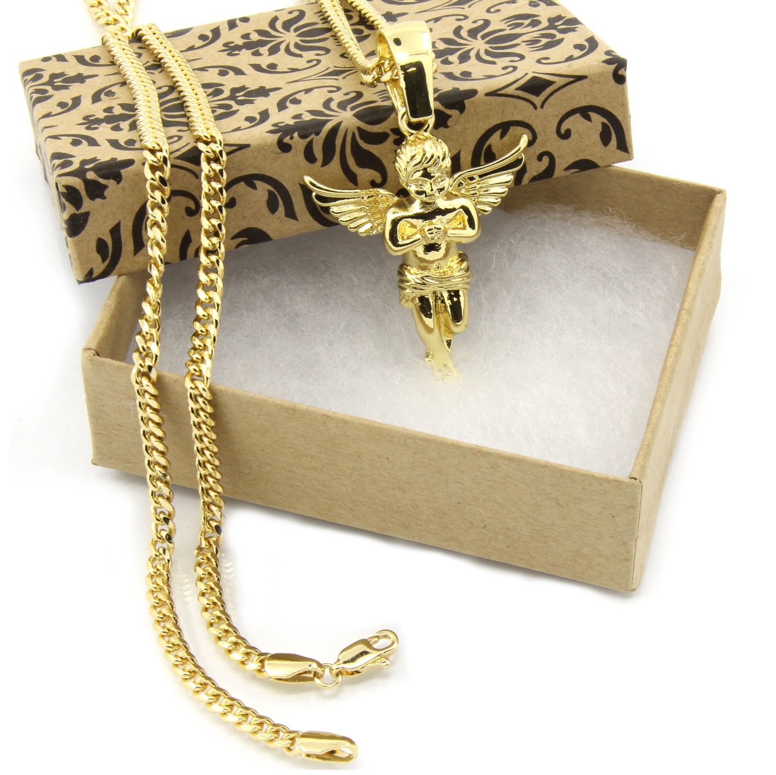 Men’s 14k Gold Plated Open Wings Angel Pendant Hip-Hop 30″ Cuban Chain
