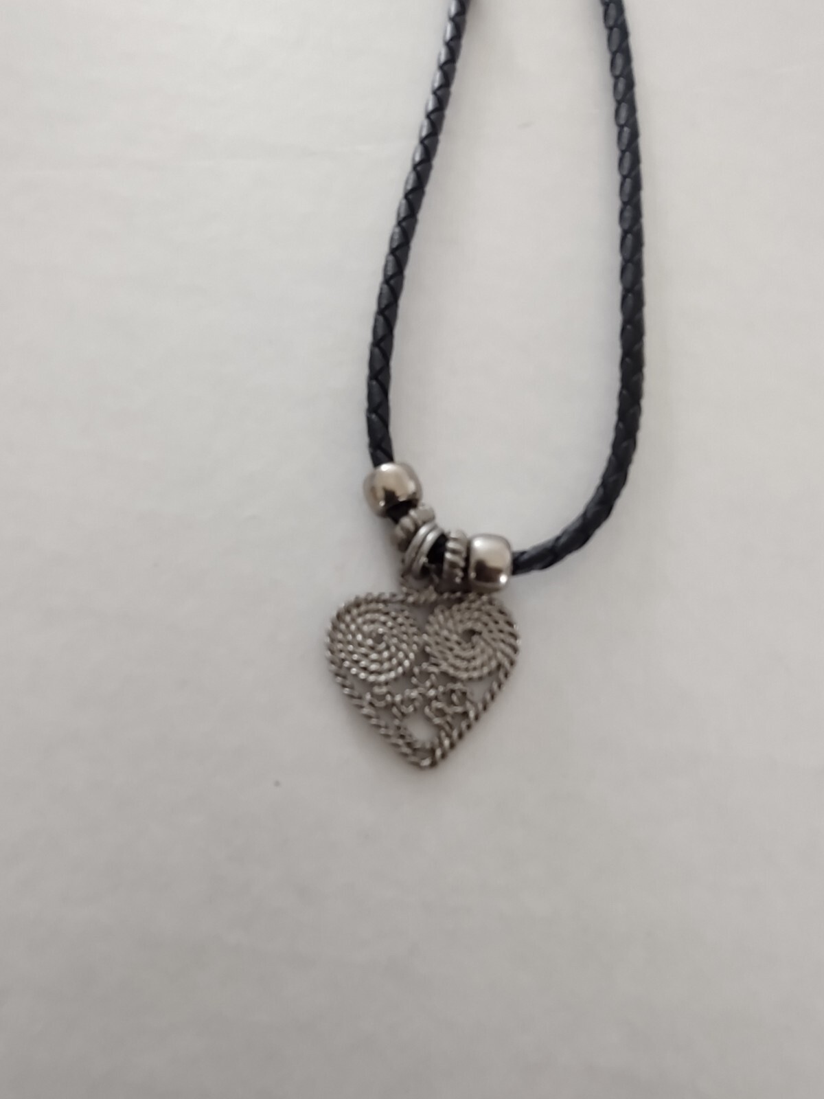 Vintage Silvertone Heart Pendant Choker Necklace Black Braided Leather Cord