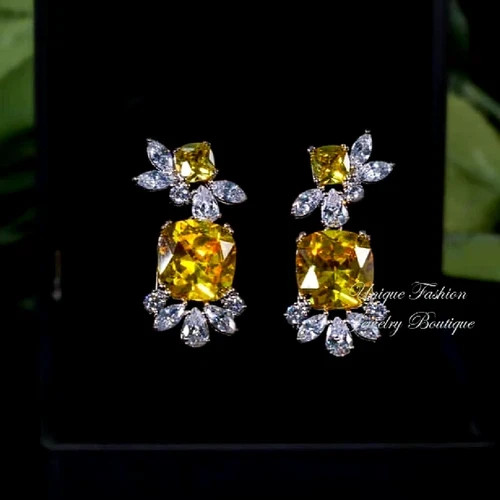 18K White Gold Filled 6CTW Yellow Citrine Gemstone Drop Earrings Christmas Gift