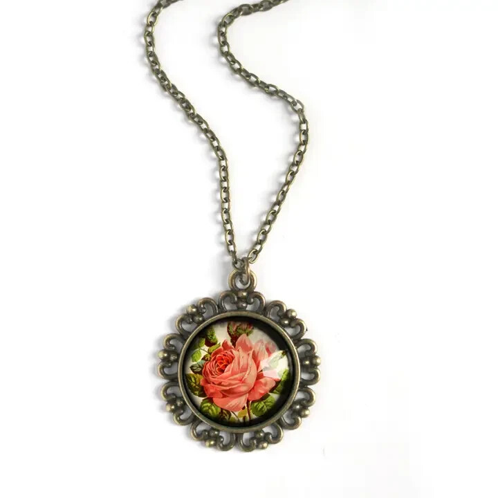 Victorian Tea Rose Ornate Pendant Necklace on Chain, Nickel-Free