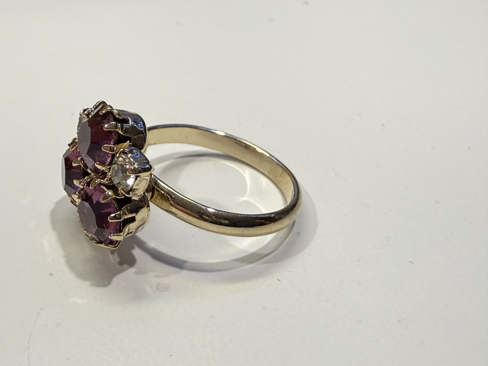 Gold tone with purple & clear stone cluster fashion ring Size 6.5 adjustable