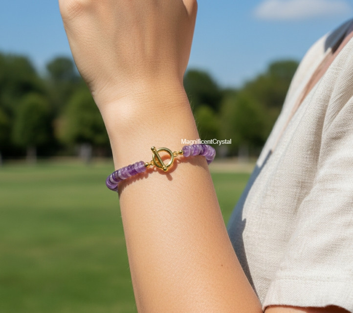 High Quality Amethyst Gemstone Bracelet Handmade Purple Crystal Vintage Jewelry