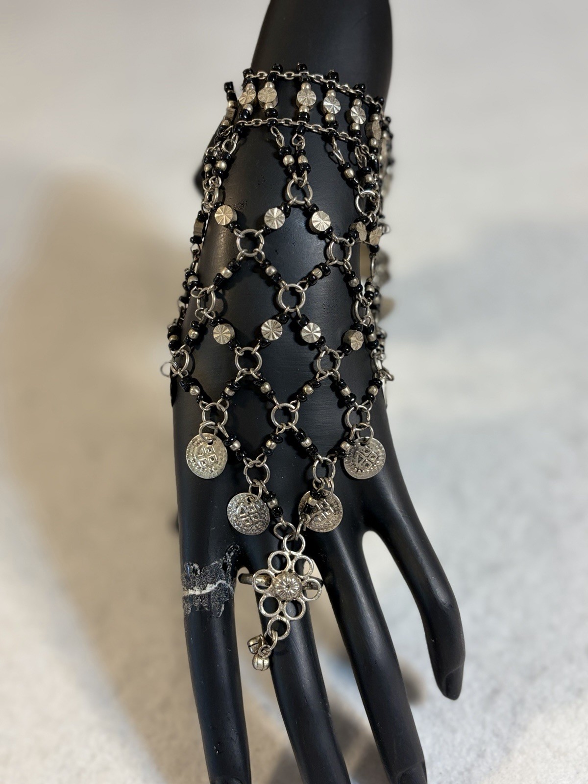 Boho Blck Bead Silver Coin Hand Chain Slave Bracelet Ring Hathphool Belly Dance