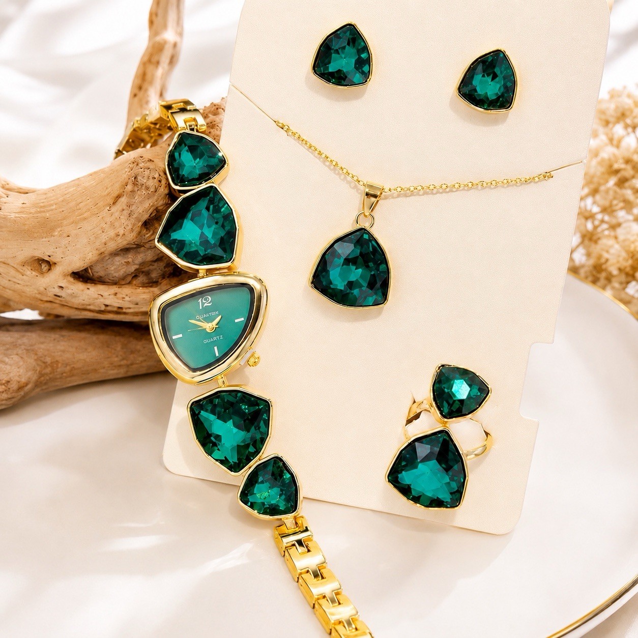 Women’s Green Crystal Jewelry Set Watch Necklace Earrings Ring Gold Tone