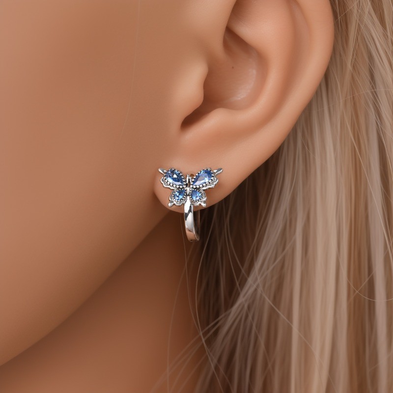KUNSIR 925 SterlingSilver Blue Crystal Butterfly Hoop Earrings For Women Jewelry