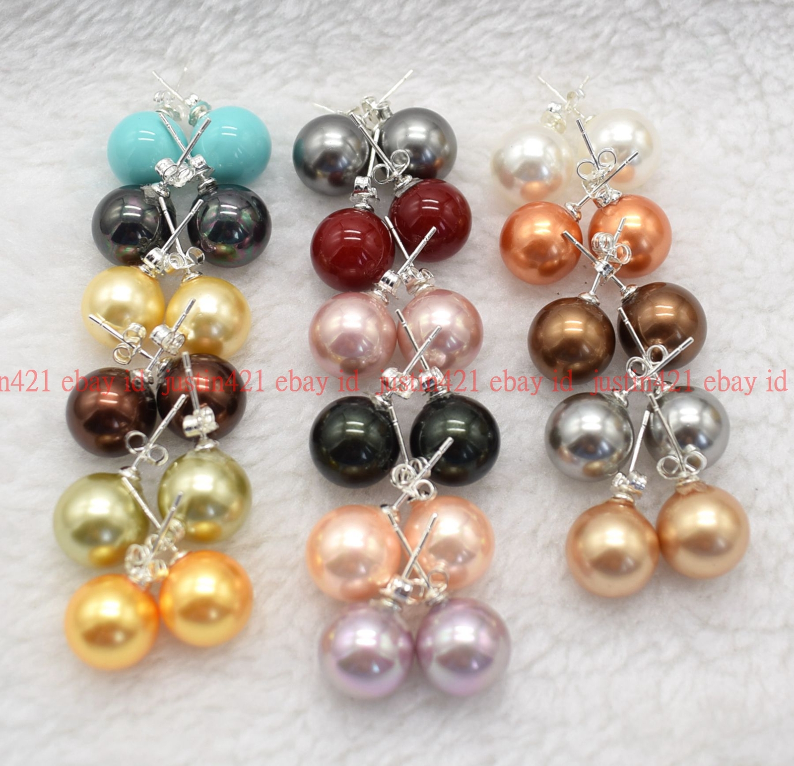 8/10/12/14mm Natural Multicolor Round Shell Pearl Beads 925 Silver Stud Earrings
