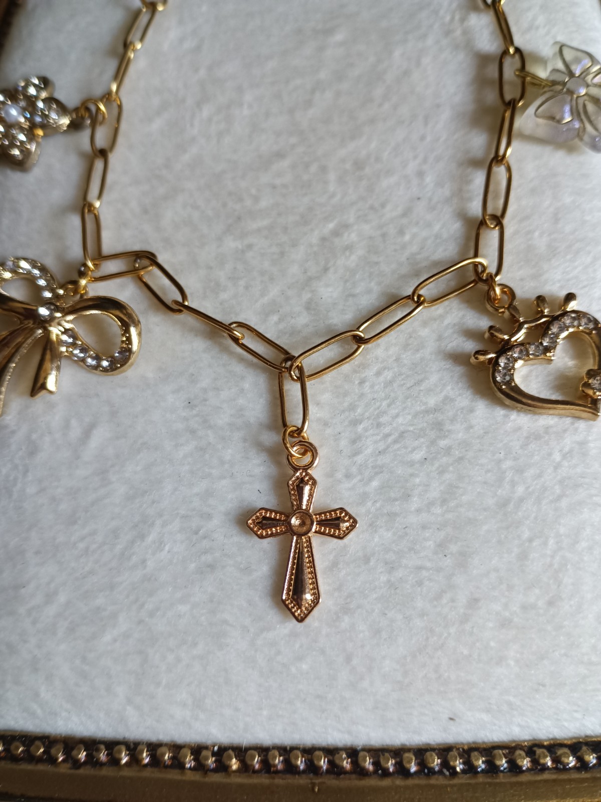 Handmade Link Charm Necklace Cross Pendant Clear Round Rhinestones Lobster