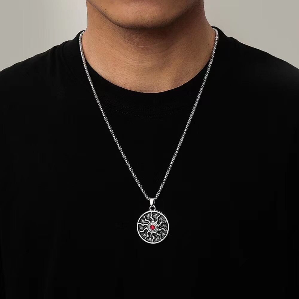 Mens Silver Apollo Sun Wheel Pendant Necklace Protection Jewelry Box Chain 24″