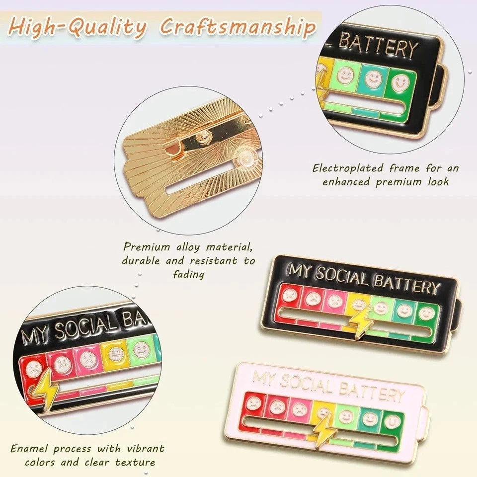 Funny Social Battery Slider Pin – 7-Mood Expression Badge, Cute Interactive Pin
