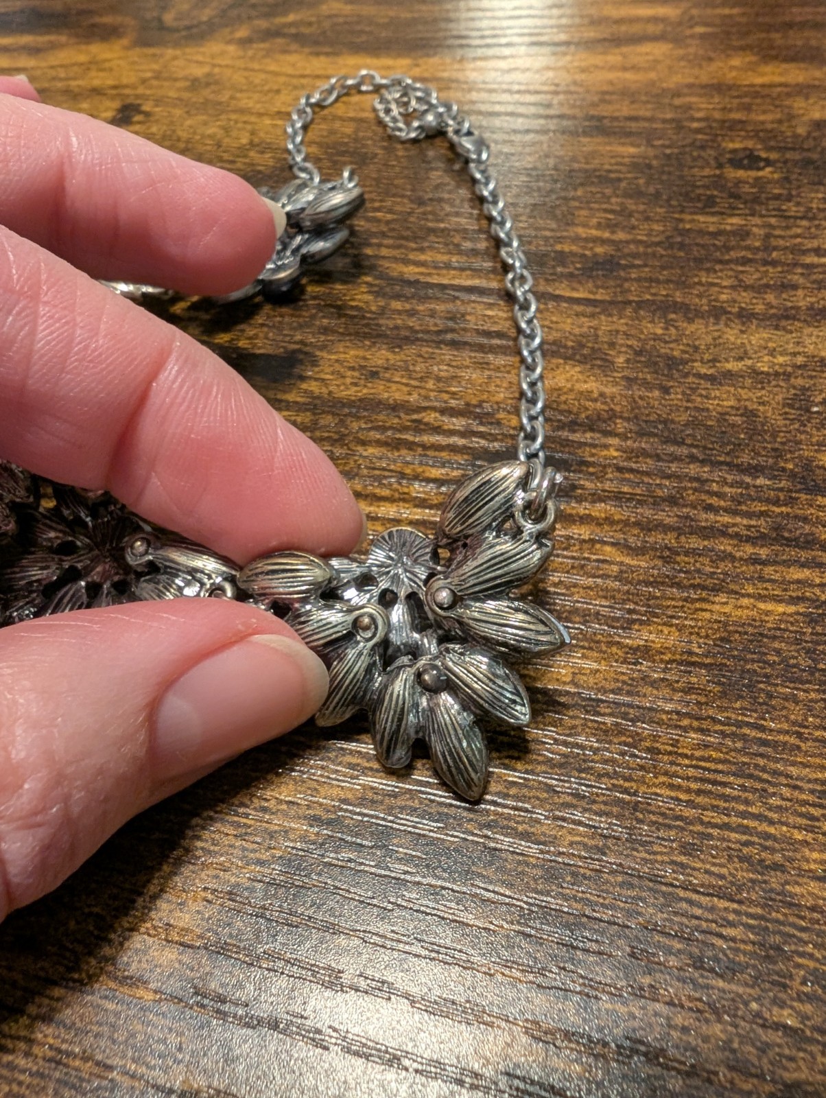Navy Blue Crystal Marquise Flower 5 Cluster Statement Necklace Silver Tone