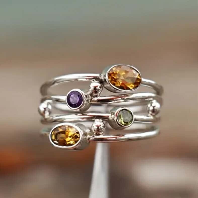 925 Sterling Silver Rainbow Citrine Amethyst Peridot Engagement Ring Size 7