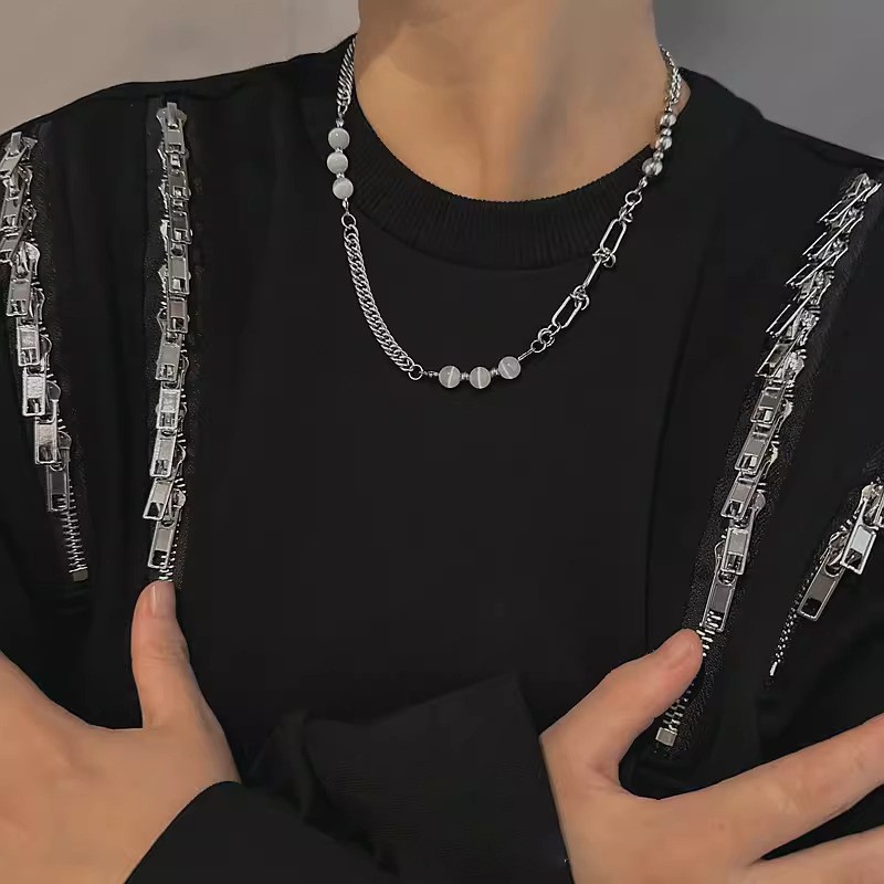 Silver Titanium Steel Alloy Spliced Chain Necklace Stone Beads Minimalist Street