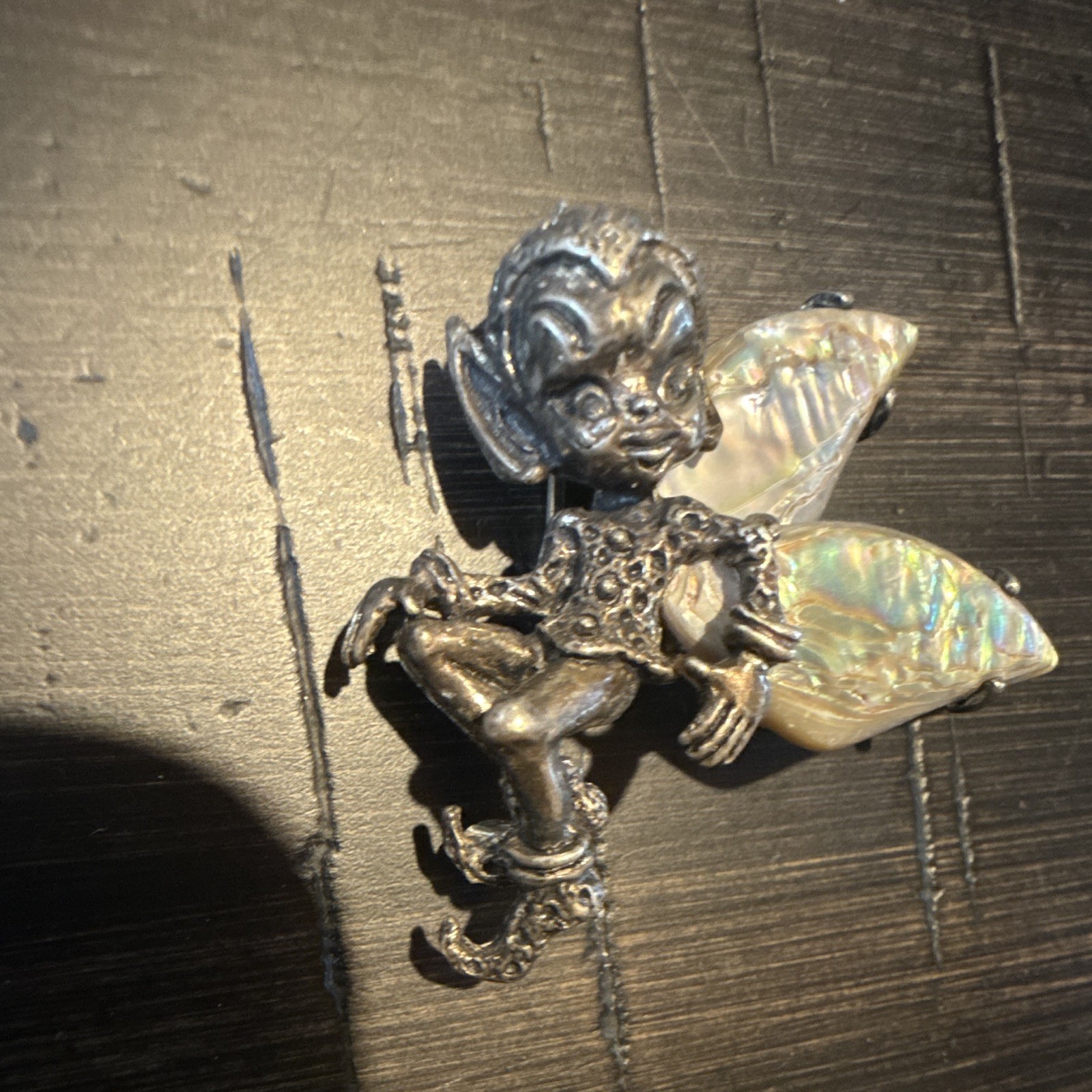 Vintage Cyvra Pixie Fairy Paua Shell & Sterling Silver Brooch Pin 2 inch x 4inch