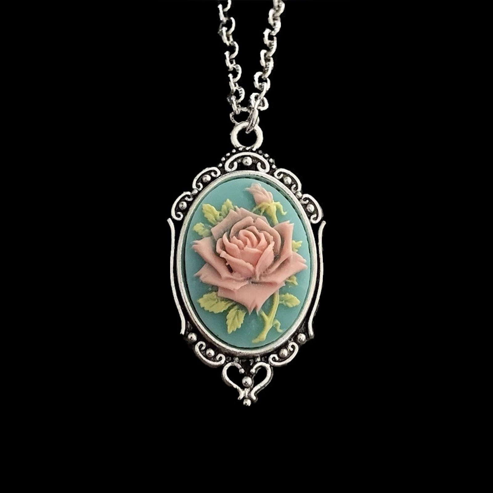 Pink on Aqua Blue ROSE Cameo Necklace Vintage Pendant, Any Length Chain