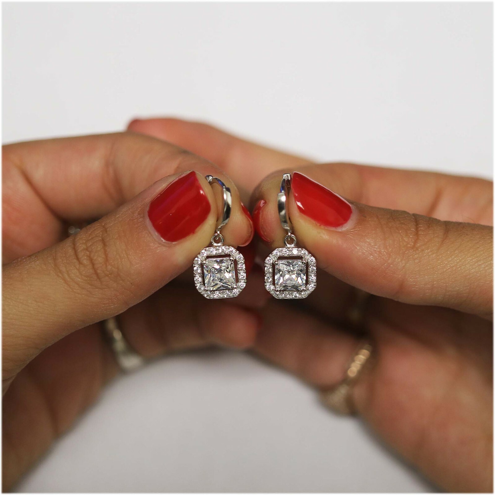 925 Sterling Silver White Topaz Princess Cut Halo Leverback Drop Dangle Earrings