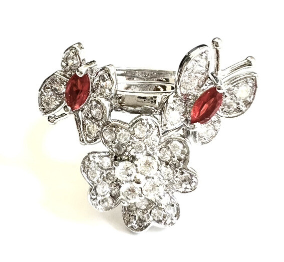 (SIZE 6,7,8,9) HINGED RING Butterflies Flower Red CZ Stones .925 STERLING SILVER
