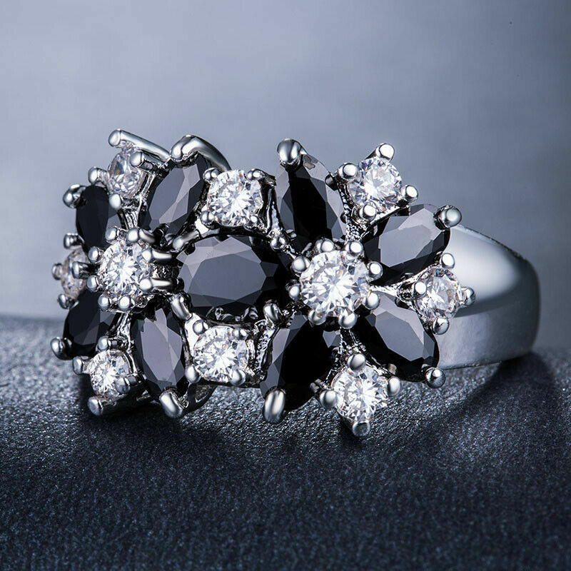 Women Fashion Silver Plated Jewelry Black Sapphire Ring Size 6-10 Simulated
