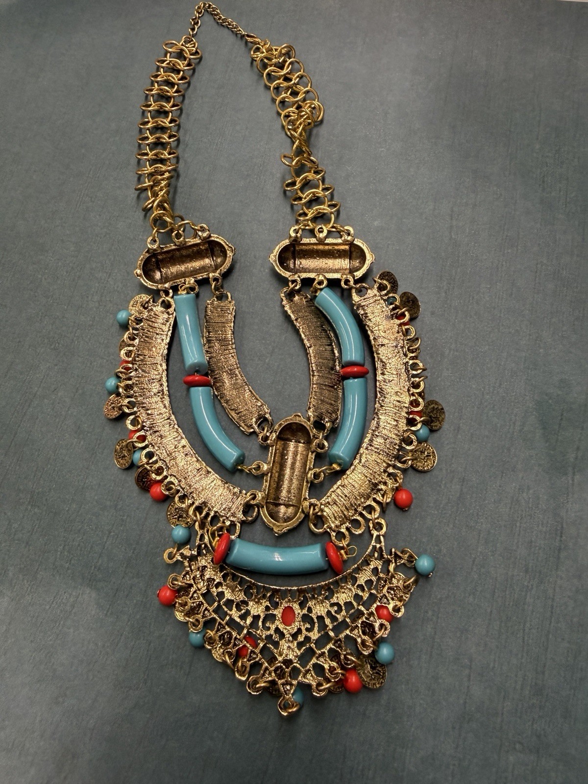 Gold Turquoise Red Bollywood Statement Bib Necklace B15 Cosplay Costume