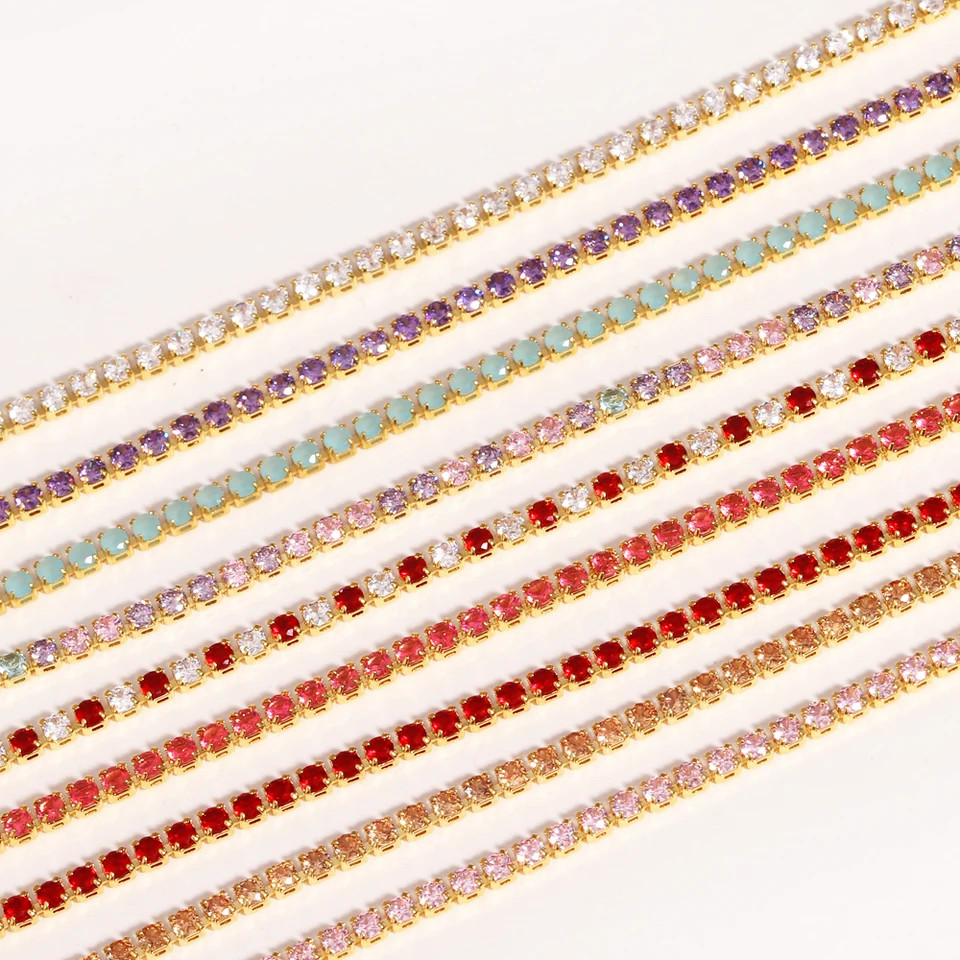 Gold Color Tennis Chain Necklace 2mm Simulated Zirconia 16in Women Jewelry