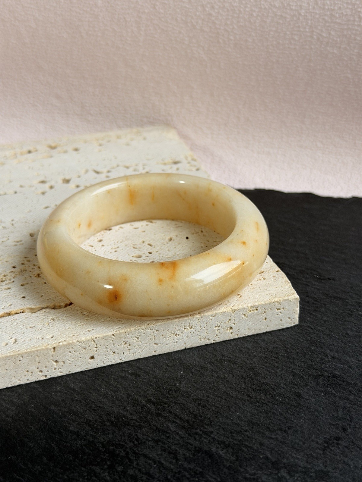 Natural Shoushan Jade Bangle 53.8mm Cream Ivory Jade with Honey Gold Inclusions