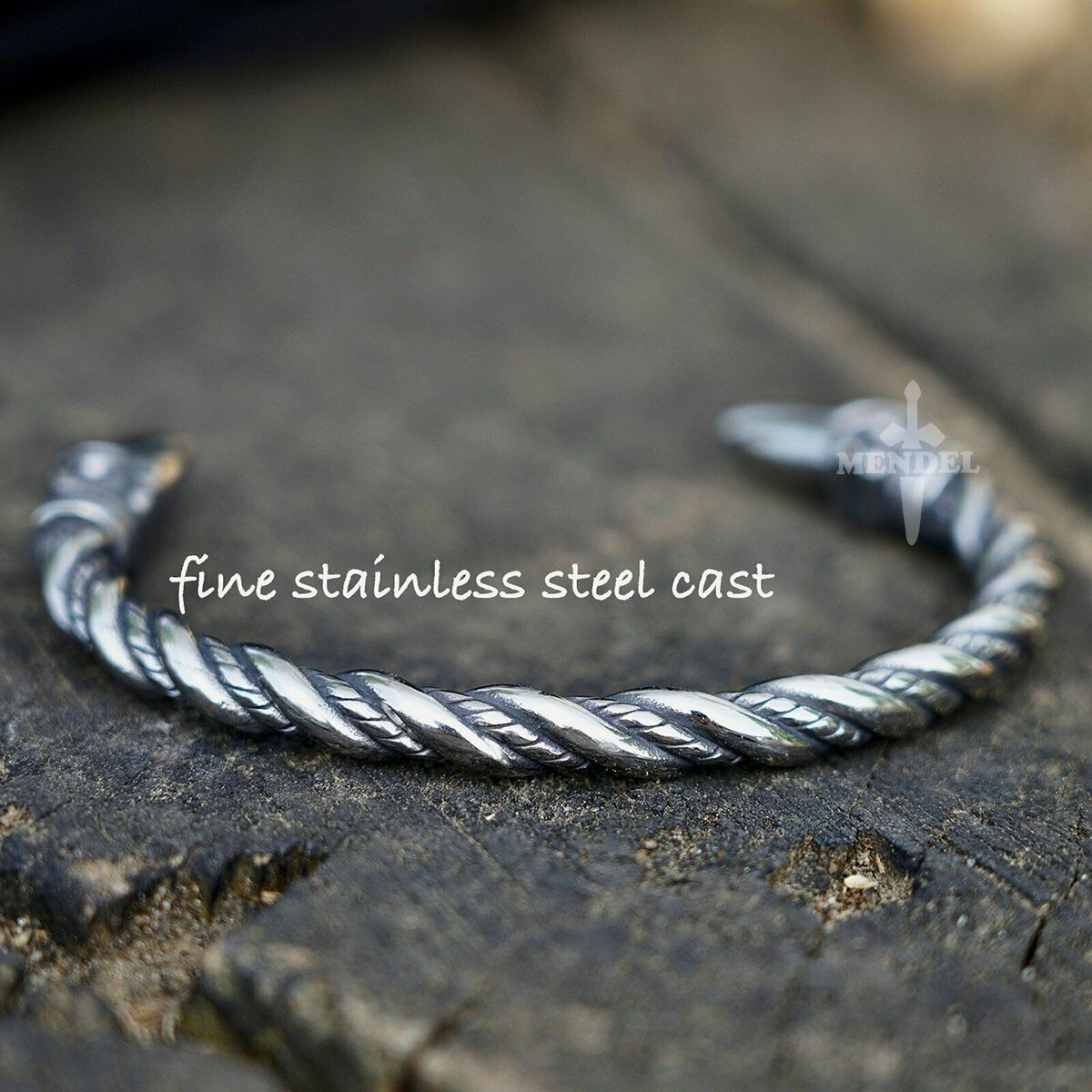 MENDEL 8 Inch Mens Stainless Steel Norse Viking Raven Bangle Bracelet Arm Ring