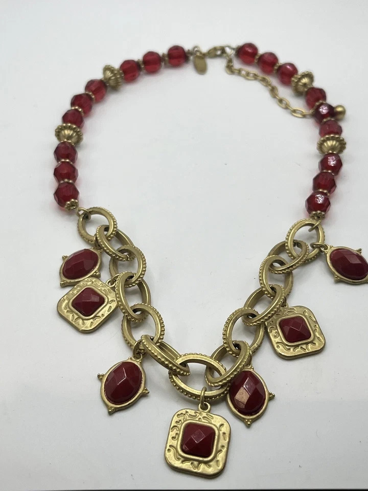 GEORGE BOHEMIAN MATTE GOLD CHAIN RED CABOCHONS RHINESTONES 18-21″ NECKLACE EUC