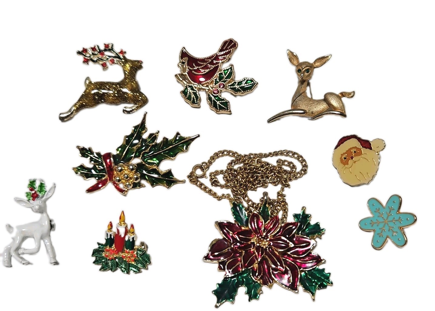 Christmas Brooch Pins Goldtone Rhinestones Enamel Holiday Jewelry