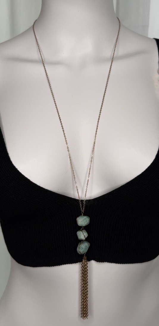 Blue Green Stone Style Tassel Pendant Necklace Gold Tone Long Boho 16.9g