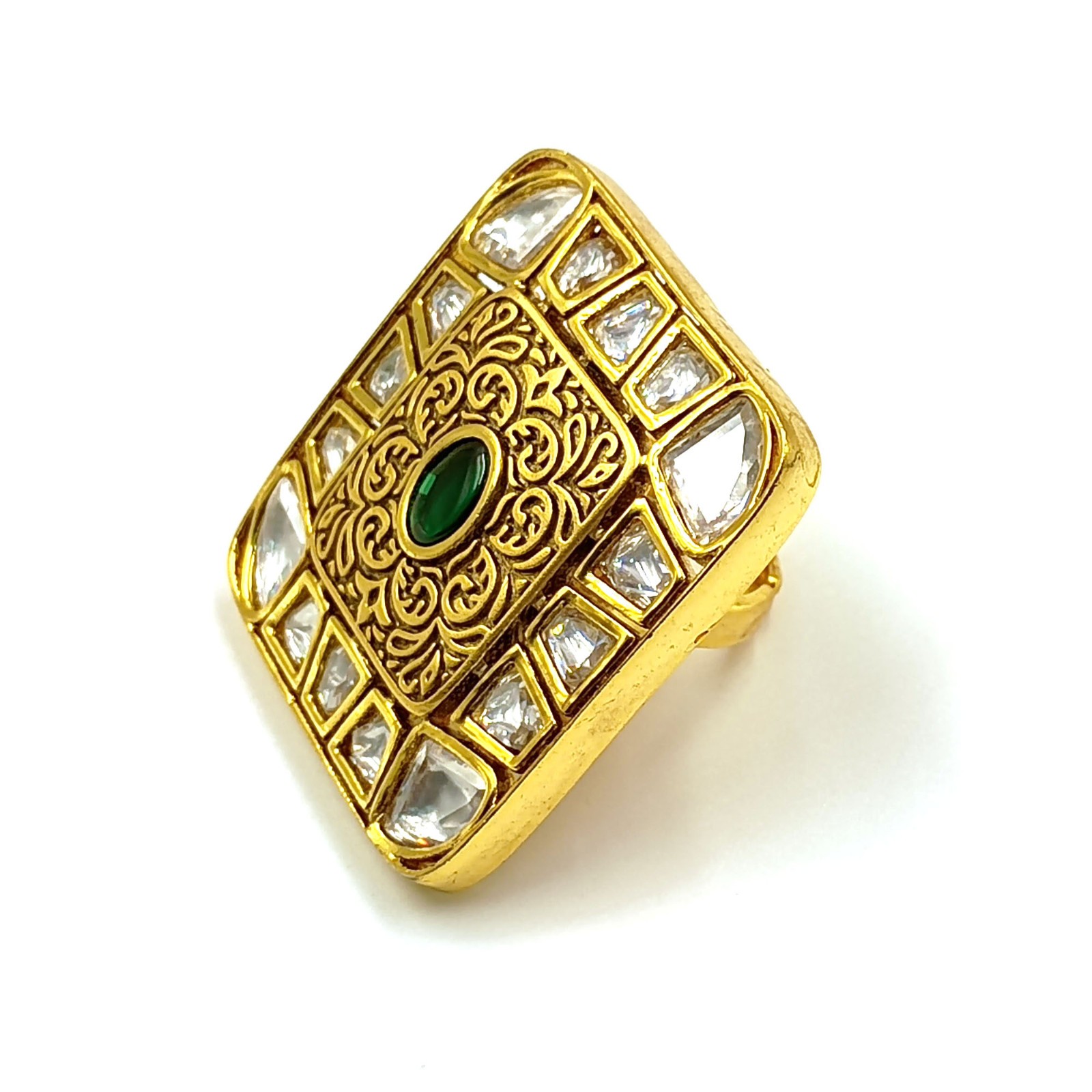 Traditional South Indian Kundan Polki Ring Green Stone CZ Handmade Gift Women