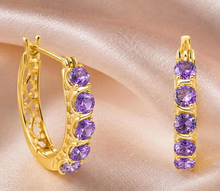 2Ct Round Cut Simulated Amethyst Engagement Hoop Earrings 14K Yellow Gold Plated