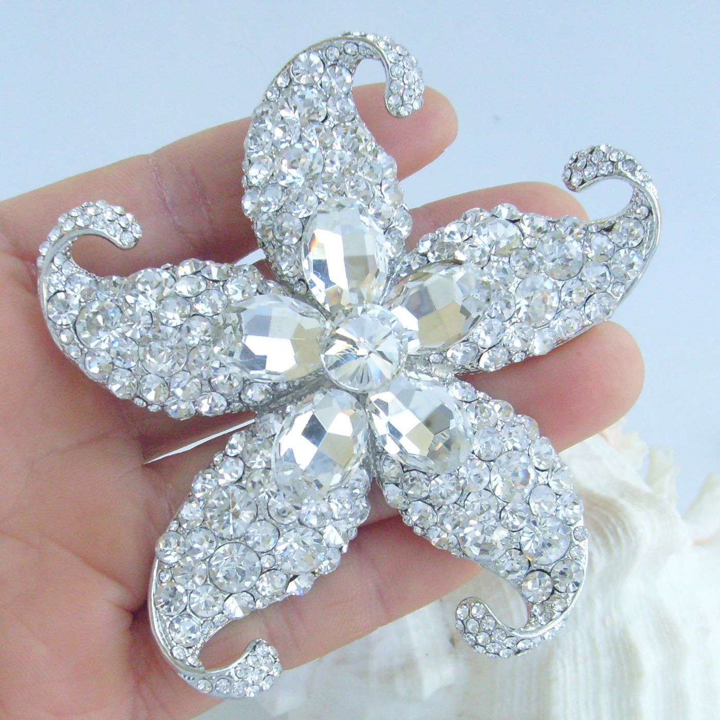 Wedding 3.15″ Starfish Brooch Pin Pendant Clear Rhinestone Crystal EE04824C6