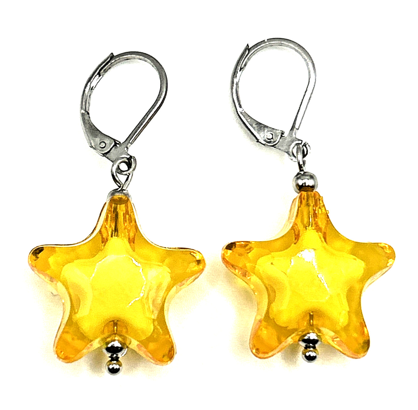 Big Chunky Yellow-Orange Acrylic Puffed Stars Leverback Dangle Drop Earrings