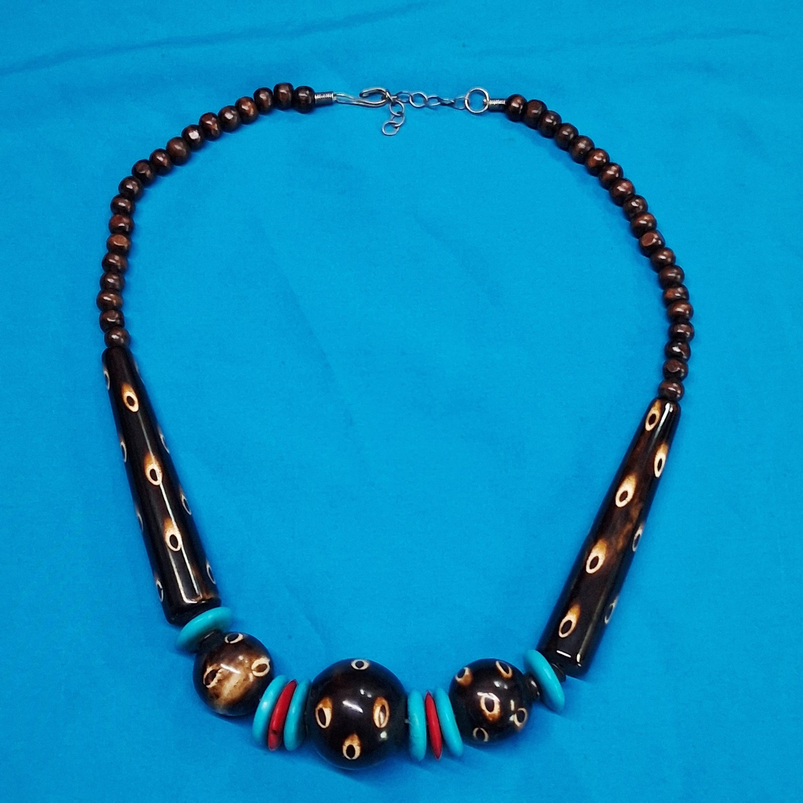 Vintage Channel Set Wood Bead Dotted Design Statement Necklace