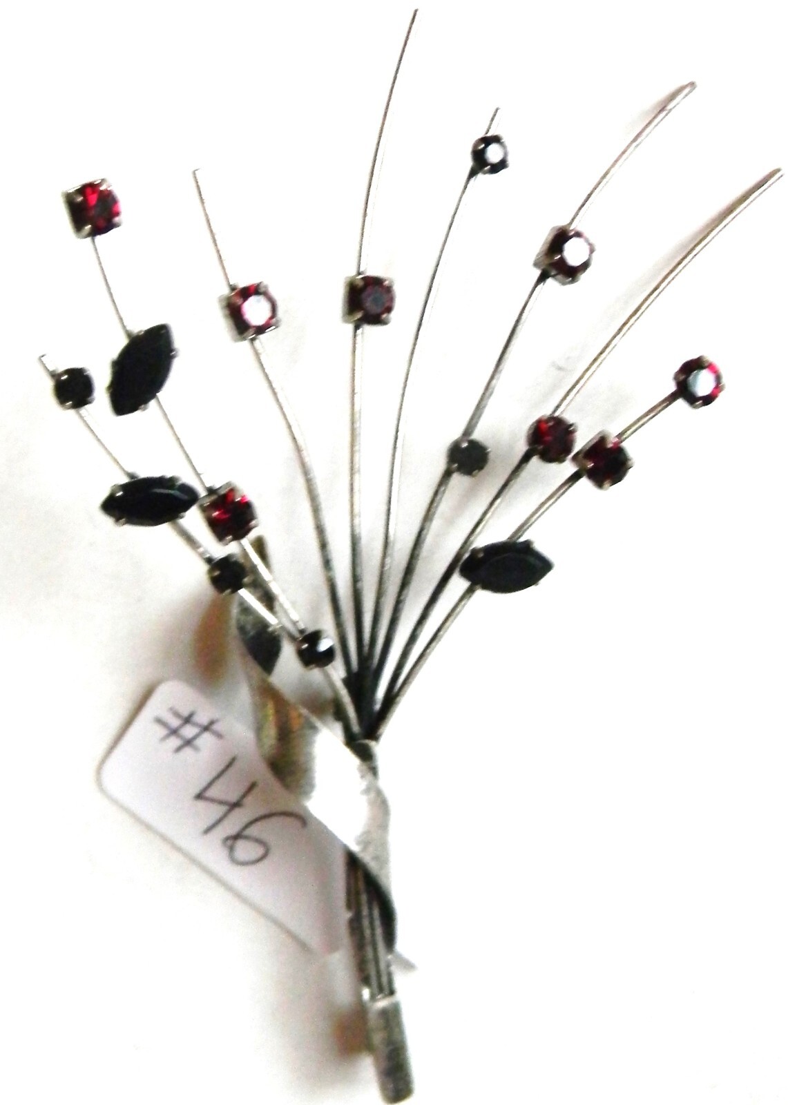 Brooch 2.5″ x 3.5″ Silver-Tone Floral Spray of Red Rhinestone Blooms ~46 no mark