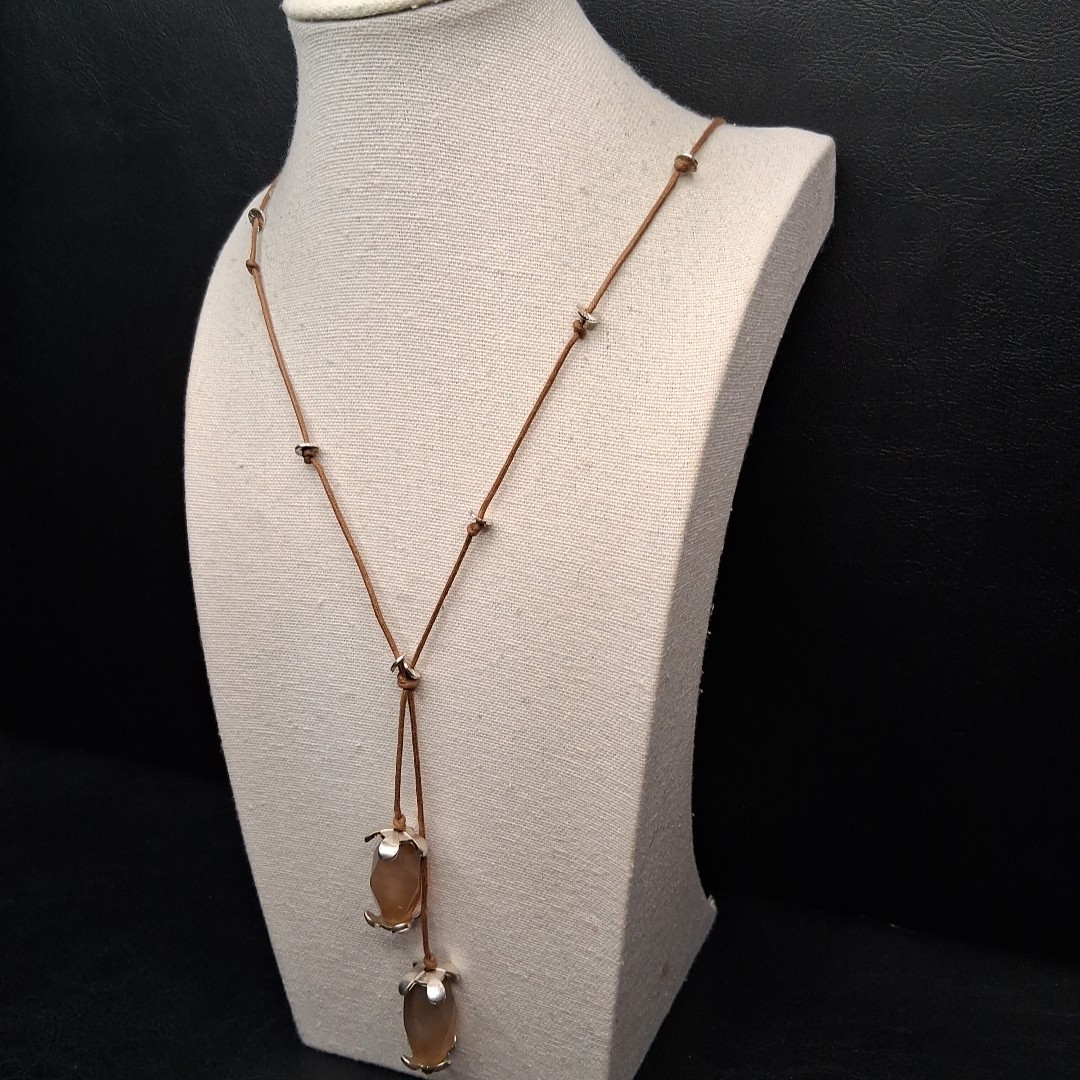J. Jill Lariat Brown Cord Necklace Whit Beige Natural Stone. 17.630