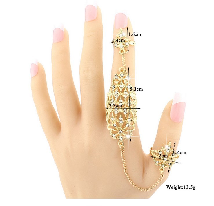 Gold Rhinestone Flower Hallow Slave Chain Link Flexible Rings Joint Fingers AK