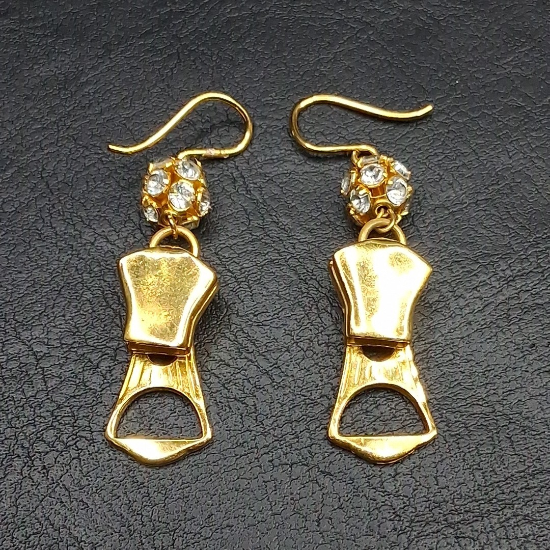 TALON Zipper Pierced Dangle Earrings Whit Rhinestone Ball Gold Tone. 16.934