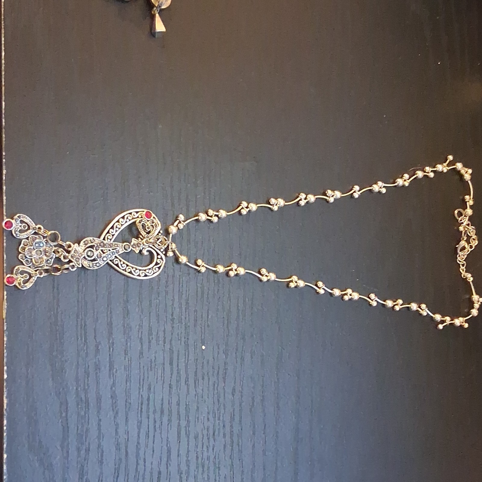 Silver Tone Ball/Bead Chain Necklace Heart Charm Pendant Red Clear Crystal