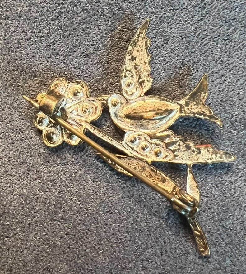 Vintage Red Enamel Bird Brooch Pink Rhinestone Floral Spray Gold Tone Retro Pin