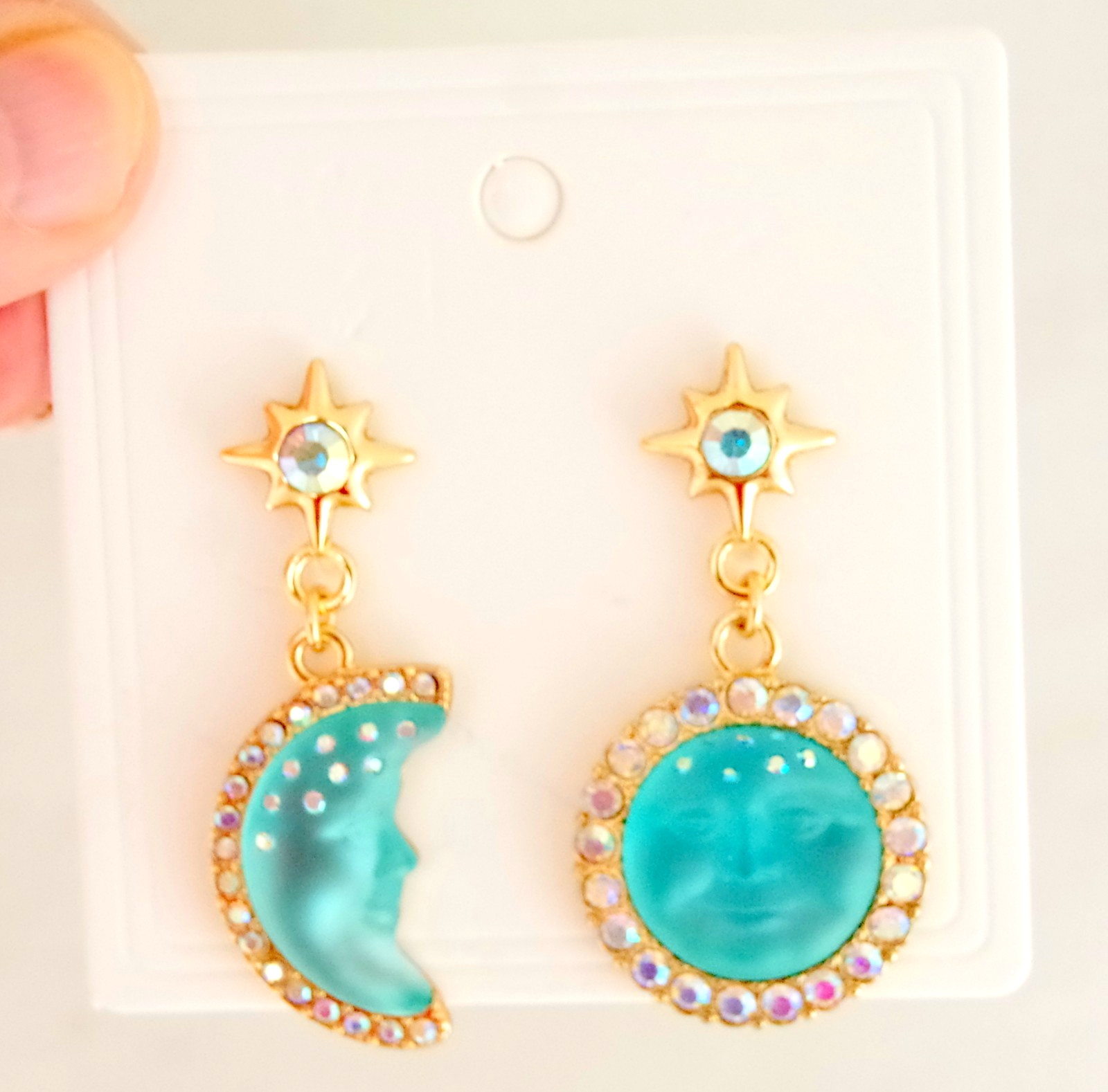 2″ KIRKS FOLLY BLUE SEAVIEW MOON FACE AB CRYSTAL RHINESTONE DROP DANGLE EARRINGS