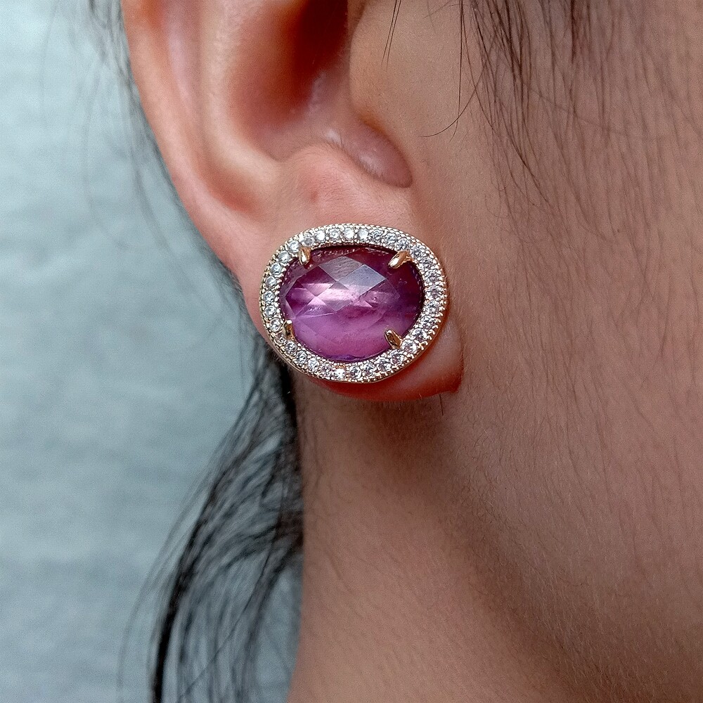 Natural Bezel Set Faceted Purple Amethyst Cubic Zirconia Pave Stud Earrings