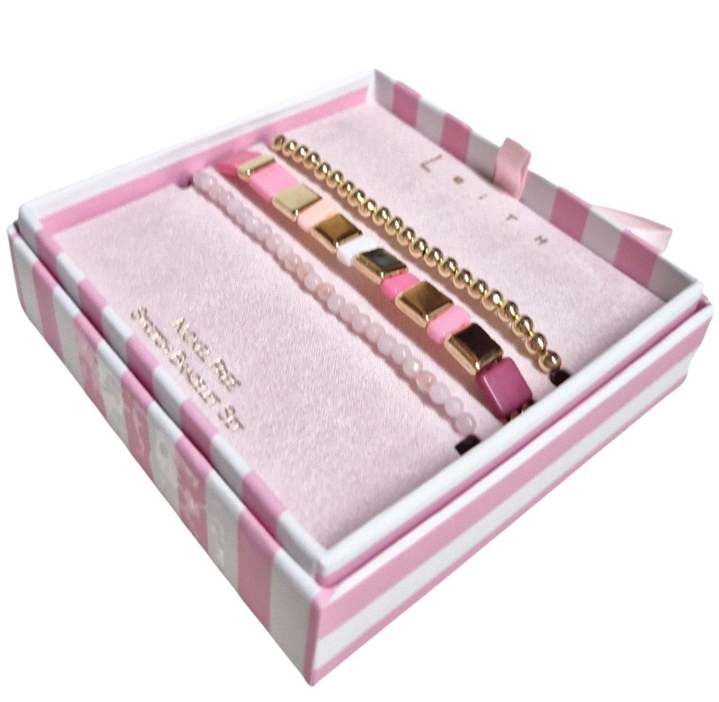 Leith Layered Stretch Bracelet Set of Three Pink White Goldtone Multi-Color NIB