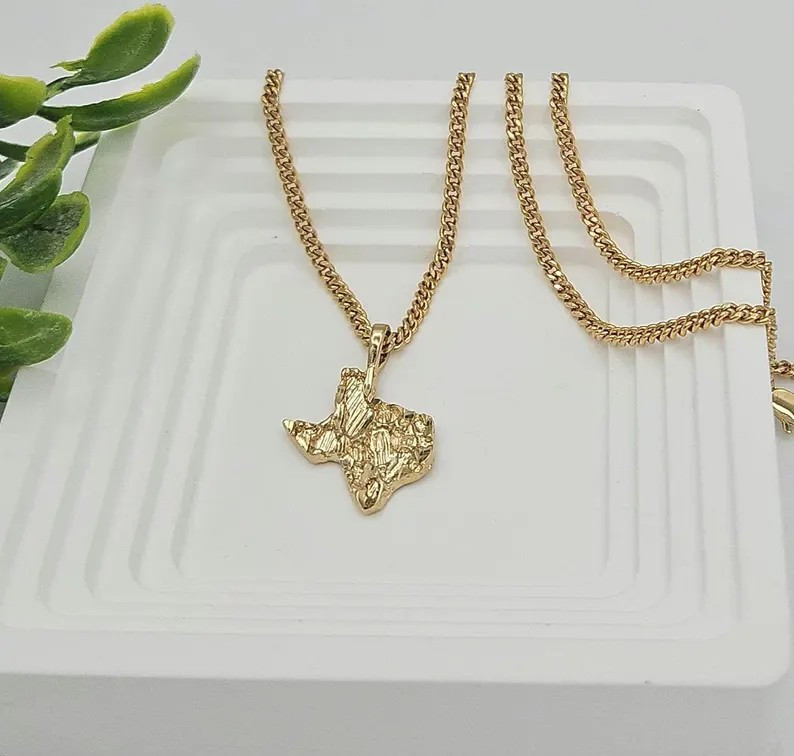 Gold Nugget Texas Necklace, 3mm Curb Chain, 14k Gold Plated,Lifetime Replacement